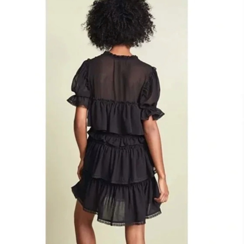 MISA Jazmine black tiered layered ruffle sheer short sleeve tassel neck dress - Picture 4 of 15